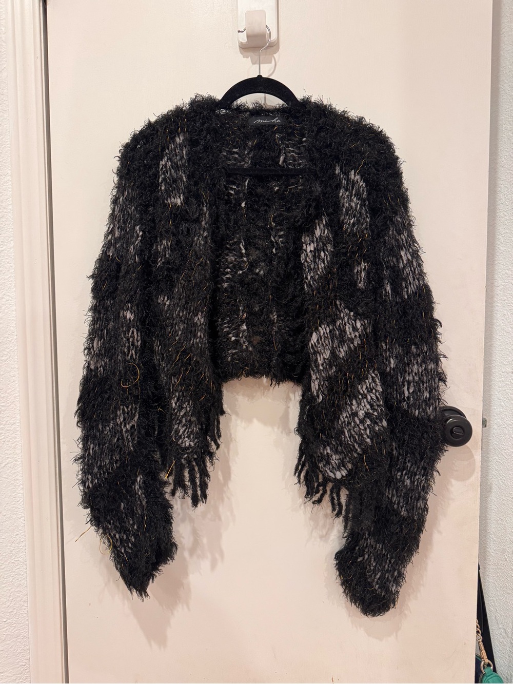 Mi Ha Black Fuzzy Open Knit Draped Cardigan Shrug Metallic Gold size 4